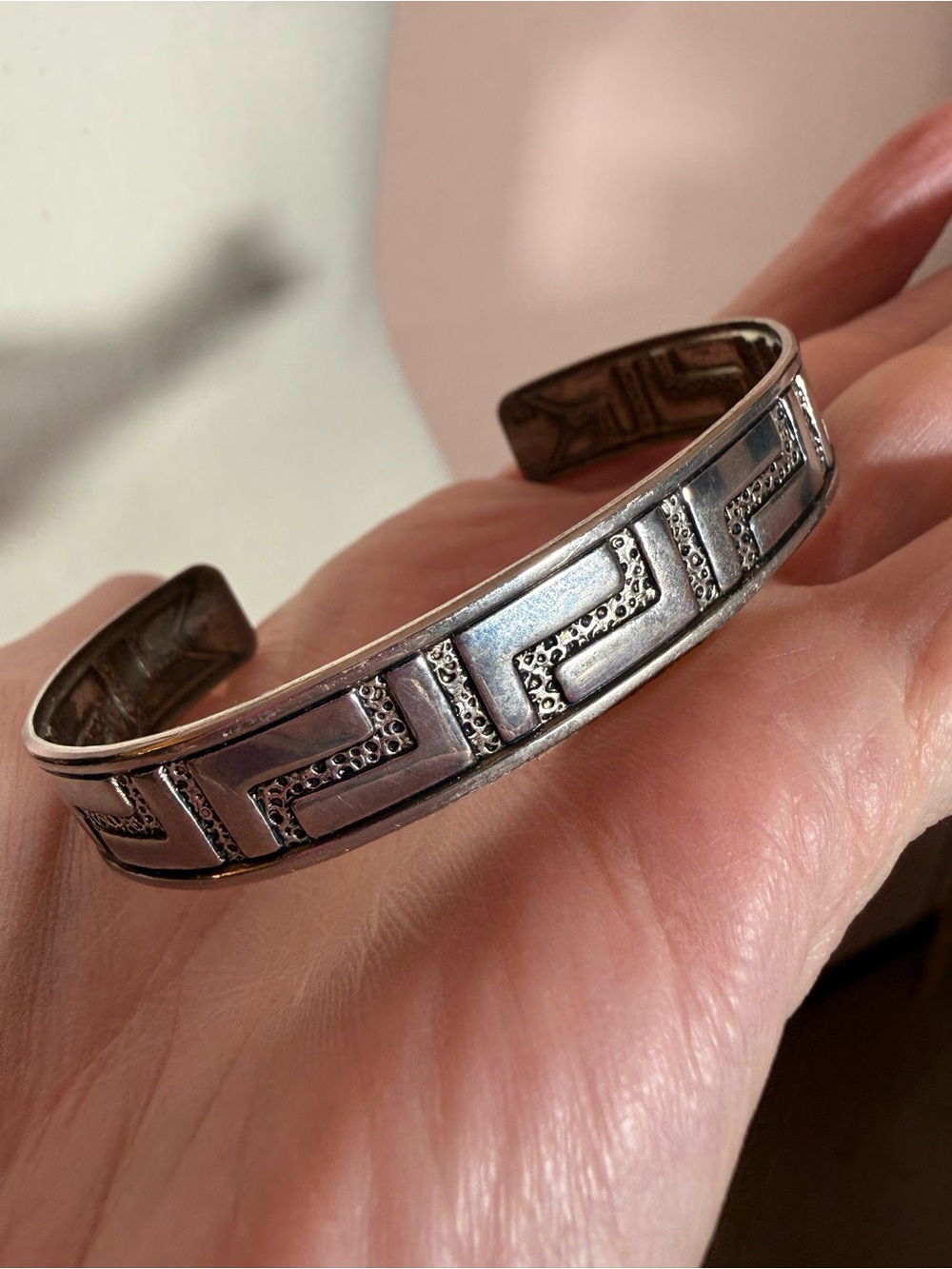 Vintage sterling silver modernist Greek key Wide Cuff Bracelet unisex southwest